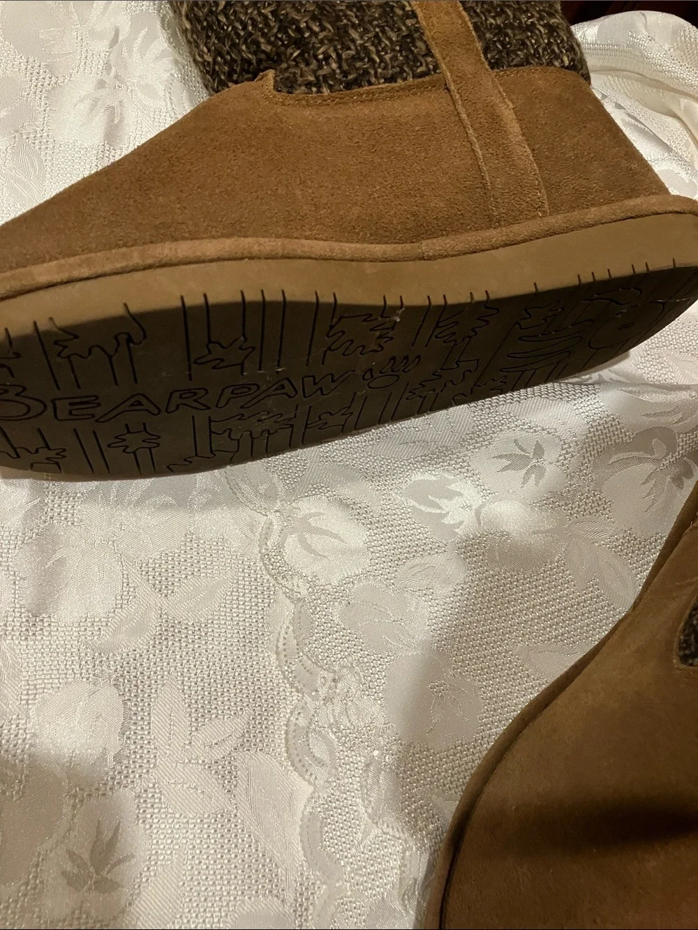 BearPaw Tan Suede and Charcoal Knit Winter Boots